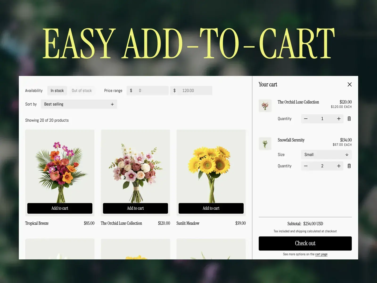 Collection page with open cart in the Orchid Shopify theme