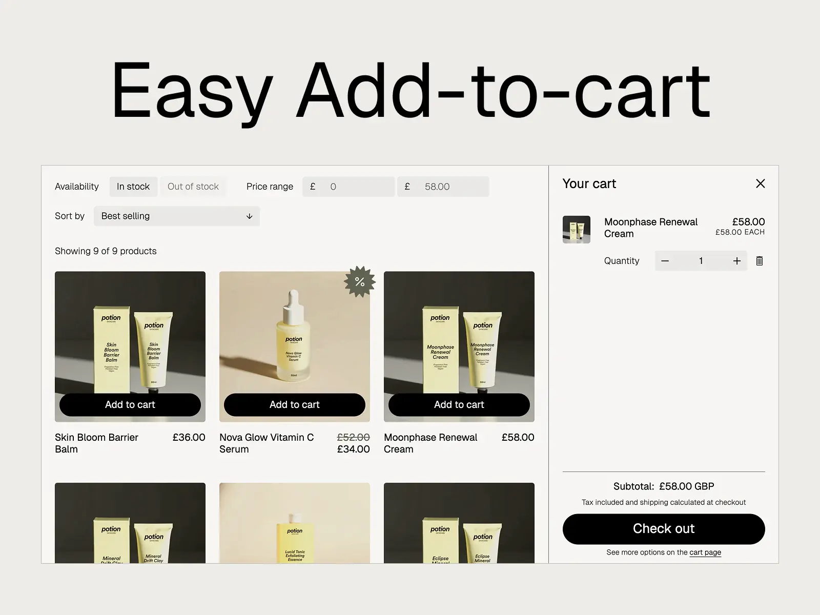 Easy add-to-cart in the Potion Shopify theme