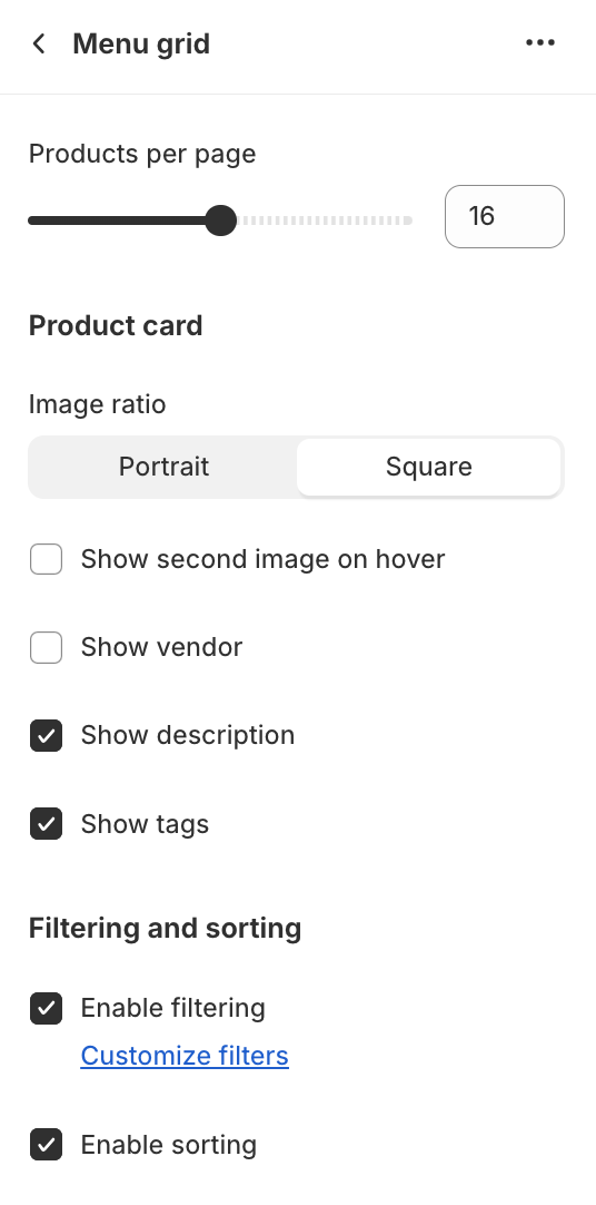 Menu grid block settings