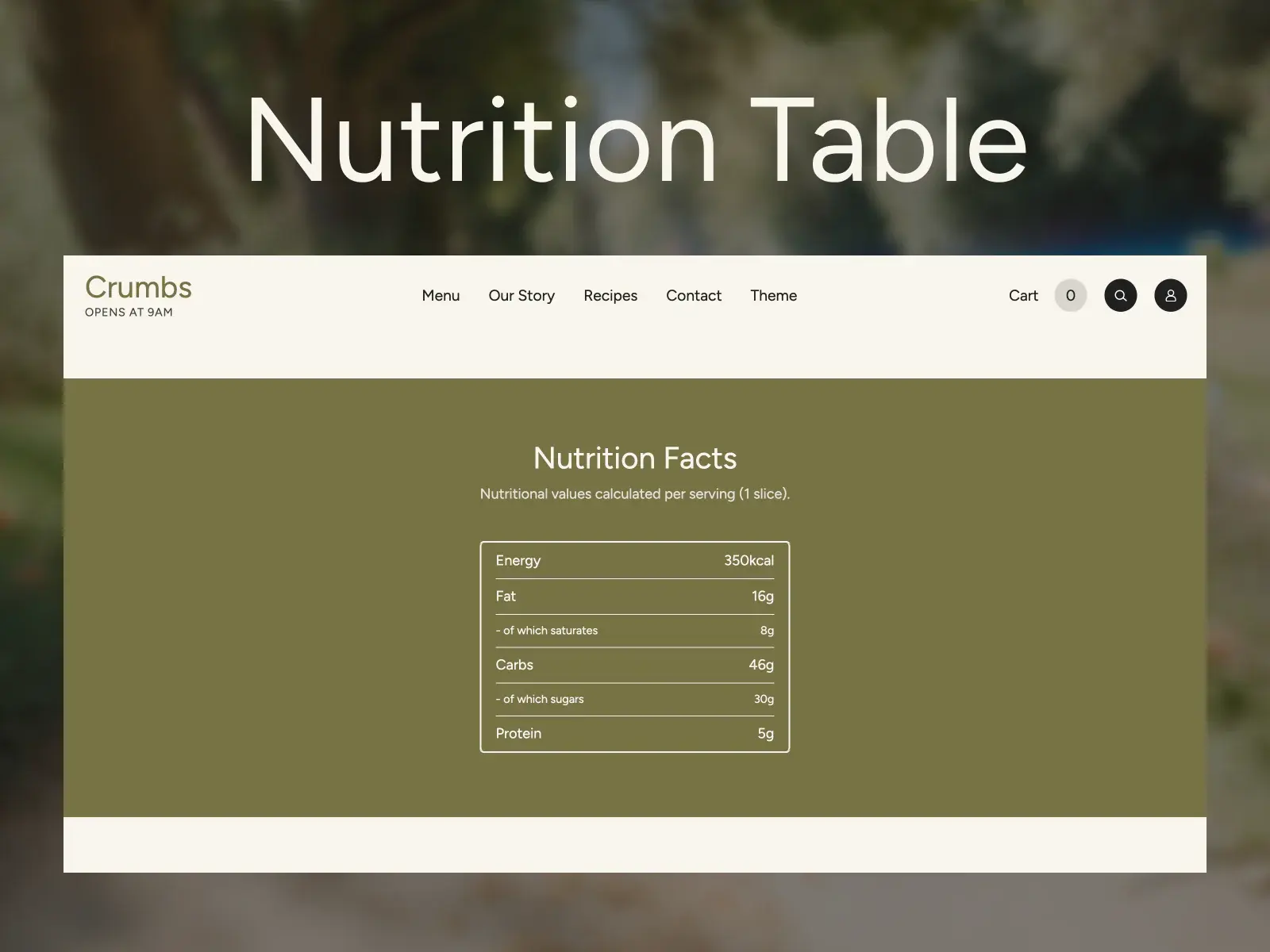Nutrition table in the Crumbs Shopify theme