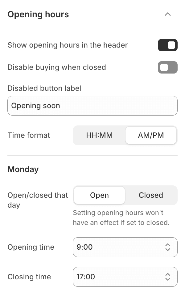 Opening hours settings