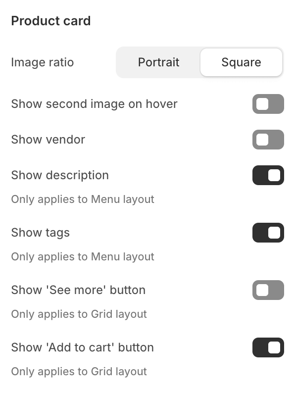 Product card settings