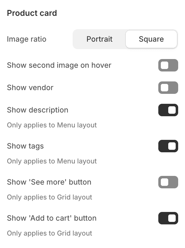 Product card settings