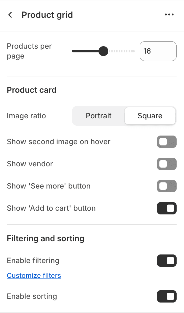 Product grid block settings