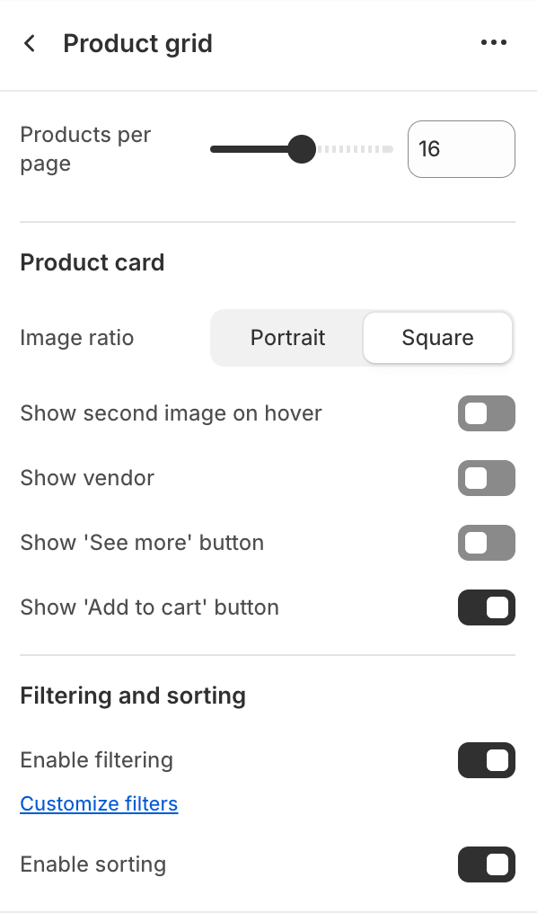 Product grid block settings