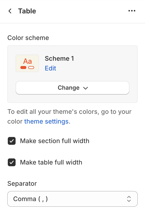 Table section settings