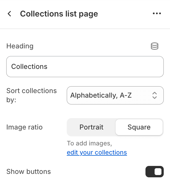 Collections list settings