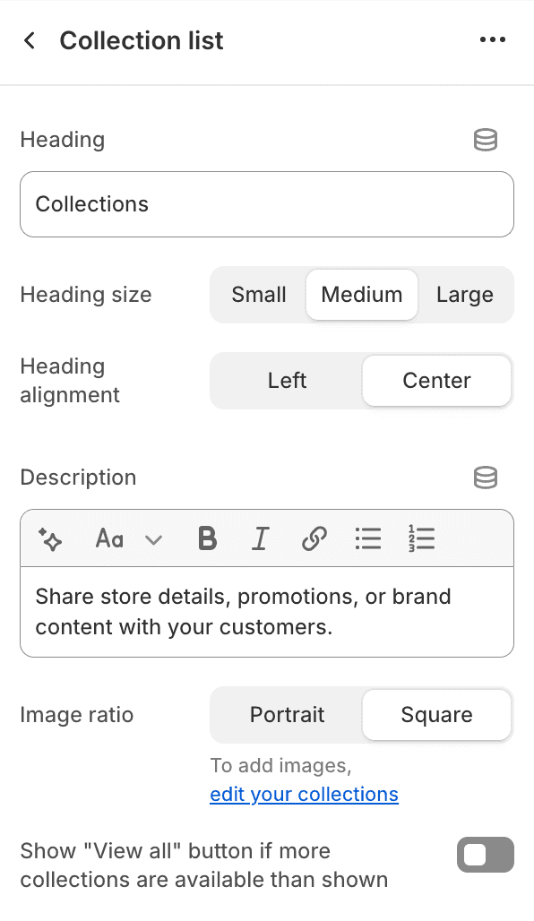 Collection list settings