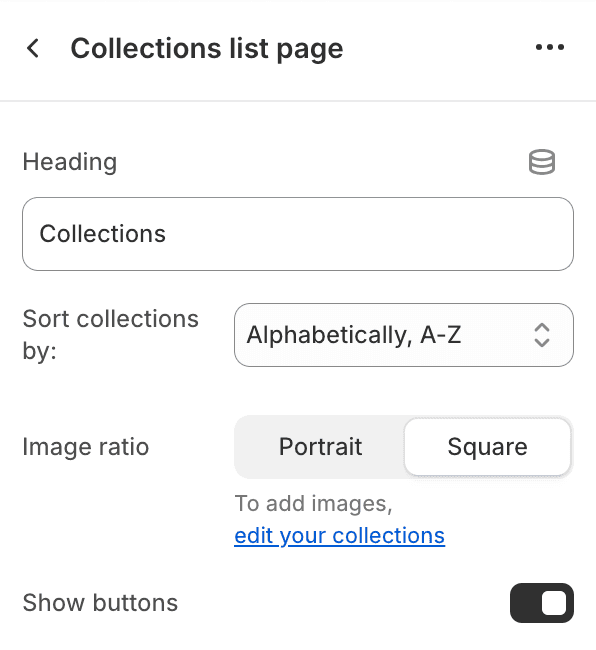 Collections list settings
