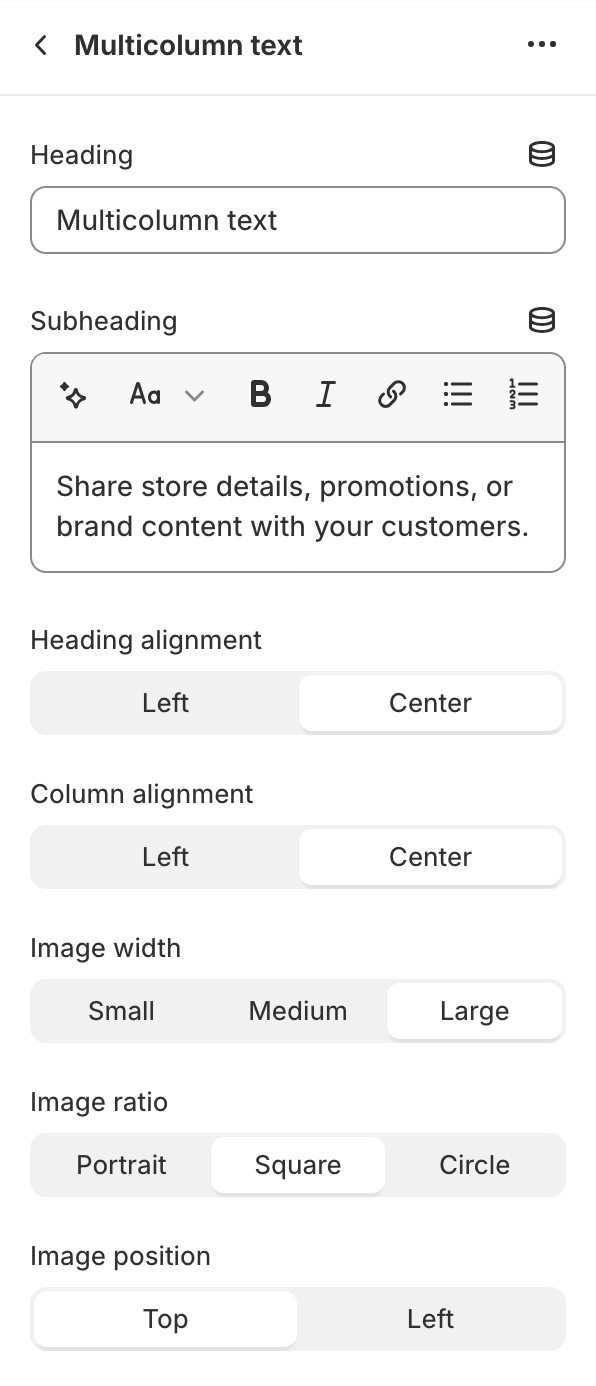 Multicolumn text settings