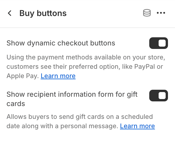 Buy buttons block settings