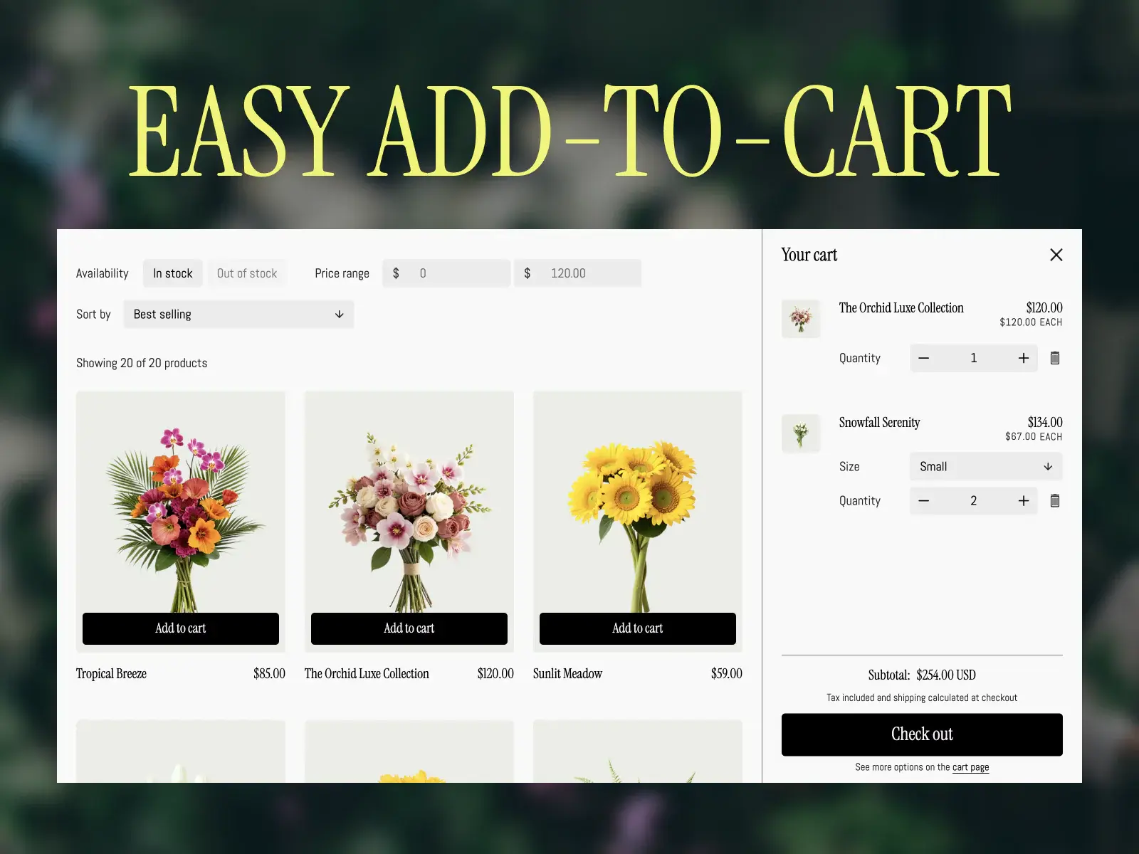 Collection page with open cart in the Orchid Shopify theme