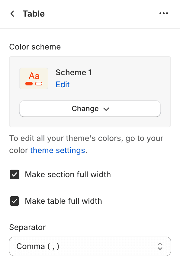 Table section settings
