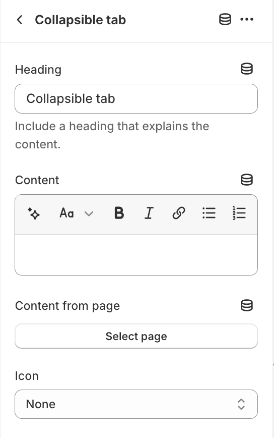 Collapsible tab block settings