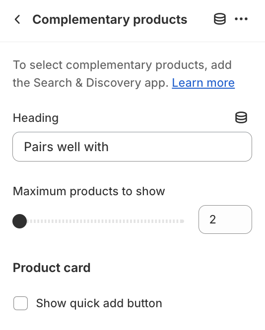 Complementary products block settings