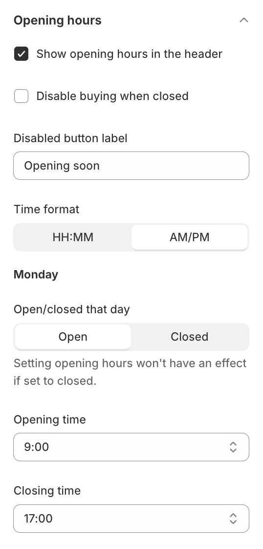 Opening hours settings